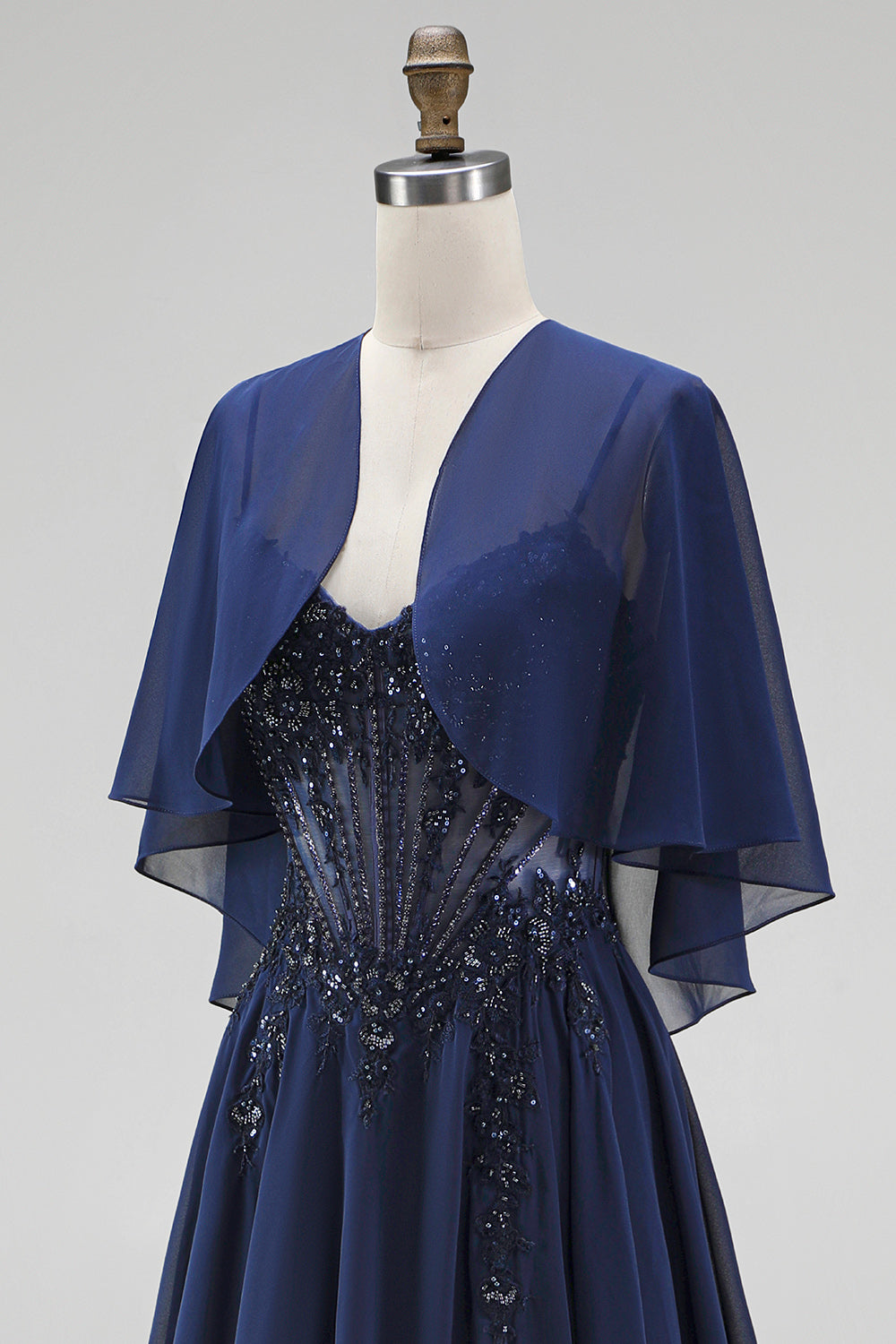Navy 2 Piece A Line Beaded Long Chiffon Beach Mother of the Bride Dress with Jacket