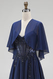 Navy 2 Piece A Line Beaded Long Chiffon Beach Mother of the Bride Dress with Jacket