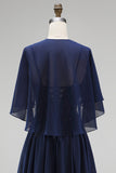 Navy 2 Piece A Line Beaded Long Chiffon Beach Mother of the Bride Dress with Jacket