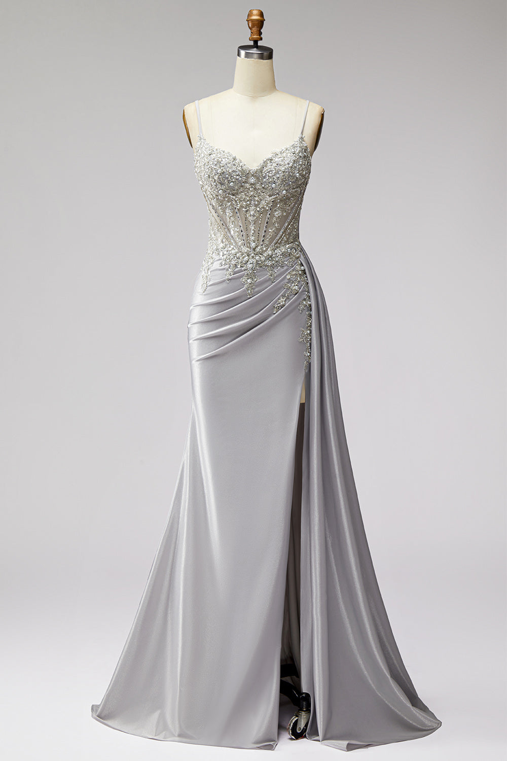 Sparkly Light Grey Corset Beaded Ruched Mermaid Long Prom Dress with Side Cape