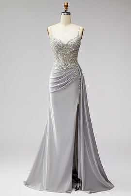 Sparkly Light Grey Corset Beaded Ruched Mermaid Long Prom Dress with Side Cape