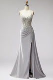Sparkly Light Grey Corset Beaded Ruched Mermaid Long Prom Dress with Side Cape