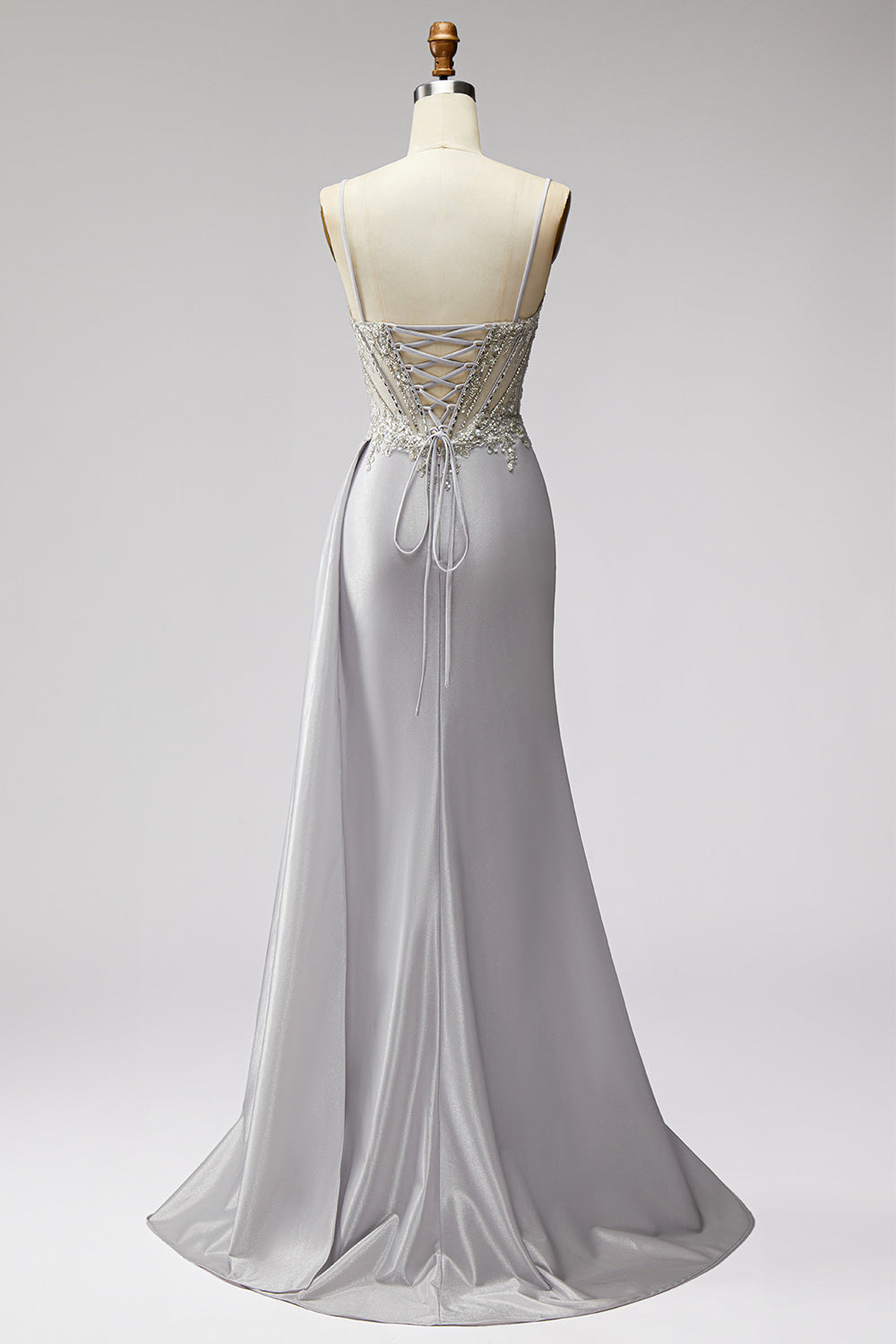 Sparkly Light Grey Corset Beaded Ruched Mermaid Long Prom Dress with Side Cape