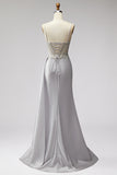 Sparkly Light Grey Corset Beaded Ruched Mermaid Long Prom Dress with Side Cape