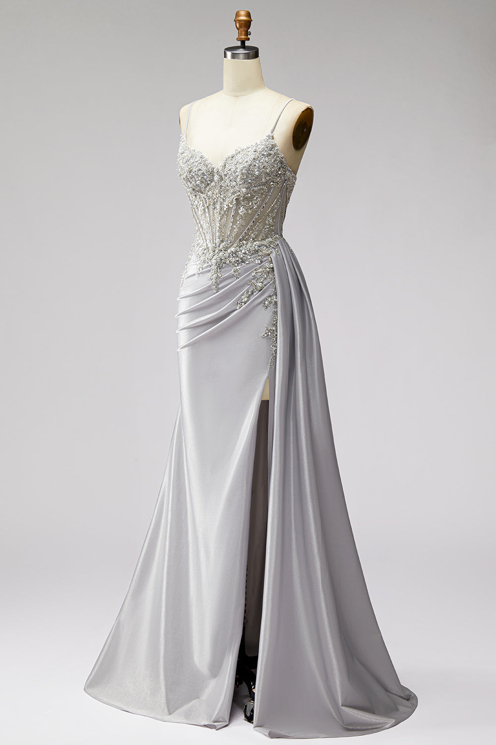 Sparkly Light Grey Corset Beaded Ruched Mermaid Long Prom Dress with Side Cape
