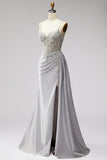 Sparkly Light Grey Corset Beaded Ruched Mermaid Long Prom Dress with Side Cape