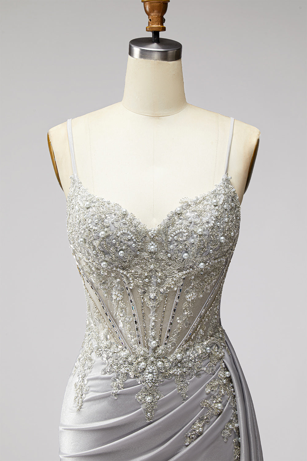 Sparkly Light Grey Corset Beaded Ruched Mermaid Long Prom Dress with Side Cape