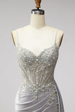 Sparkly Light Grey Corset Beaded Ruched Mermaid Long Prom Dress with Side Cape
