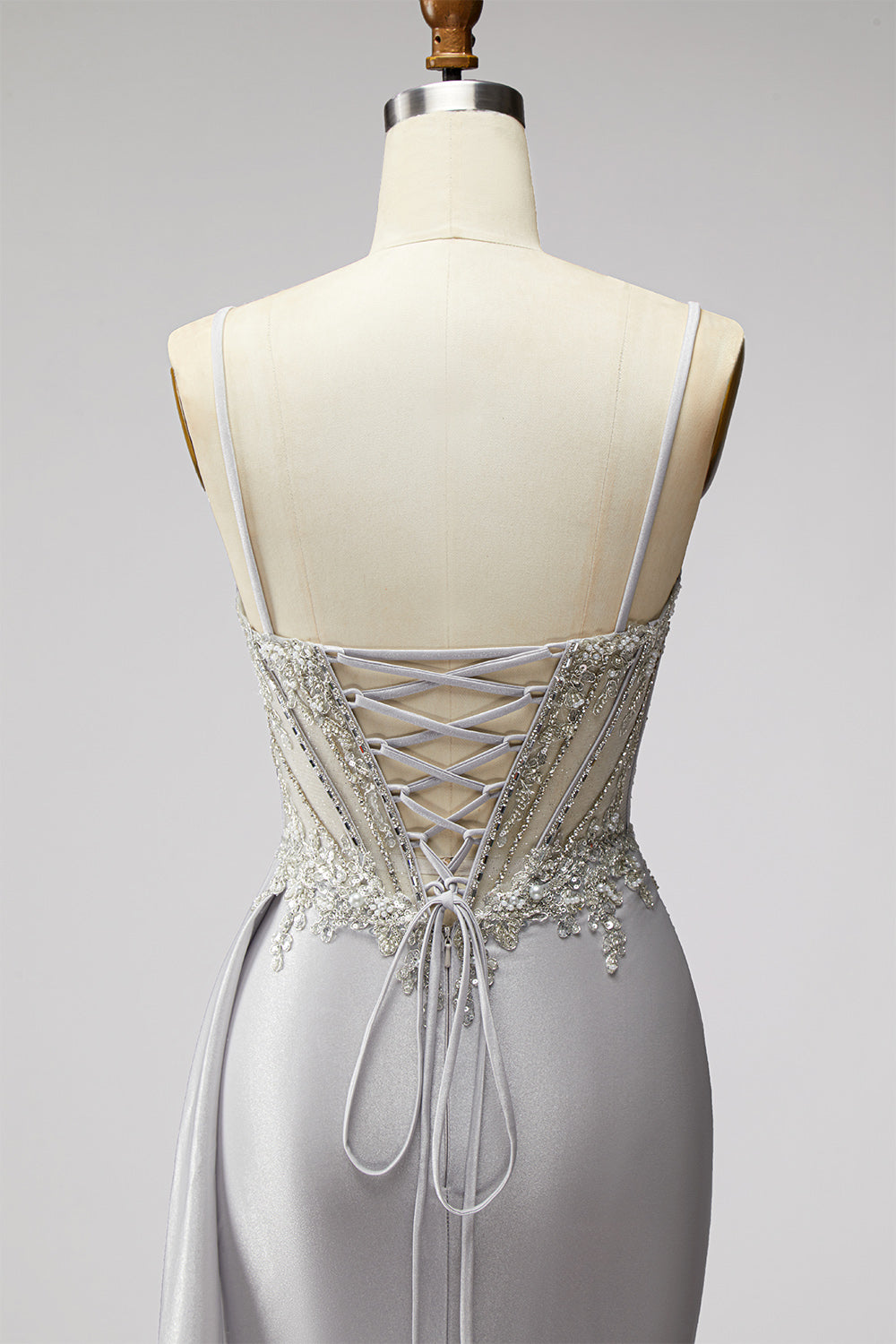 Sparkly Light Grey Corset Beaded Ruched Mermaid Long Prom Dress with Side Cape
