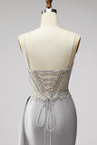 Sparkly Light Grey Corset Beaded Ruched Mermaid Long Prom Dress with Side Cape