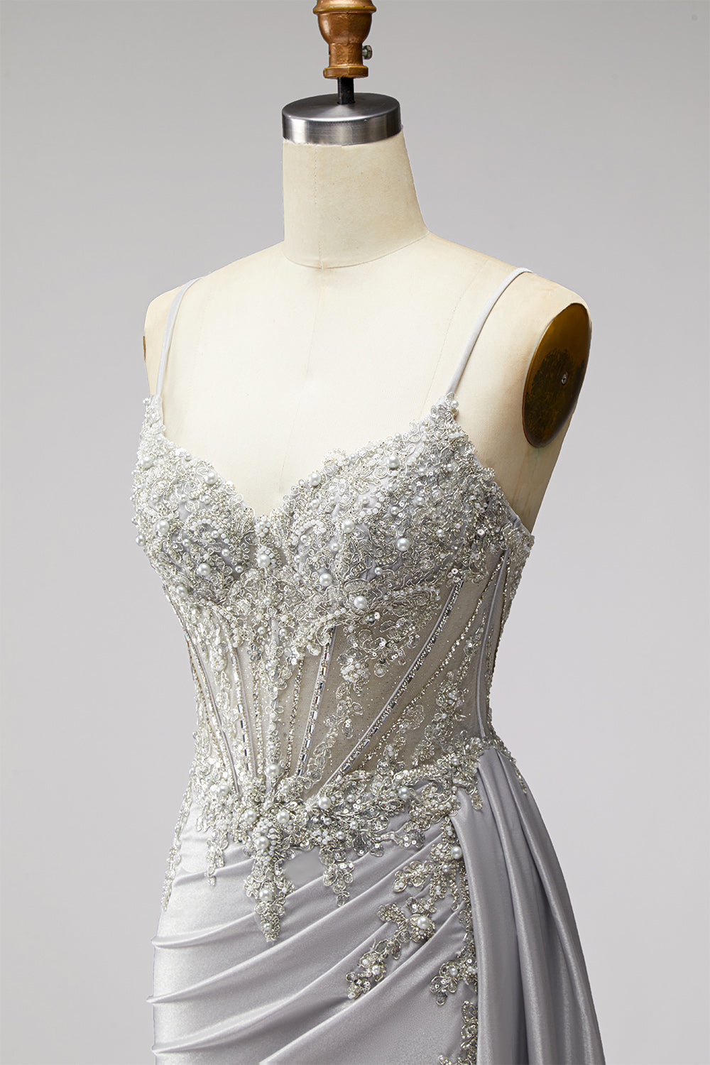 Sparkly Light Grey Corset Beaded Ruched Mermaid Long Prom Dress with Side Cape