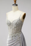 Sparkly Light Grey Corset Beaded Ruched Mermaid Long Prom Dress with Side Cape