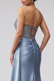 Sparkly Long Sweetheart Blue Beaded Satin Mermaid Prom Dress with Side Cape