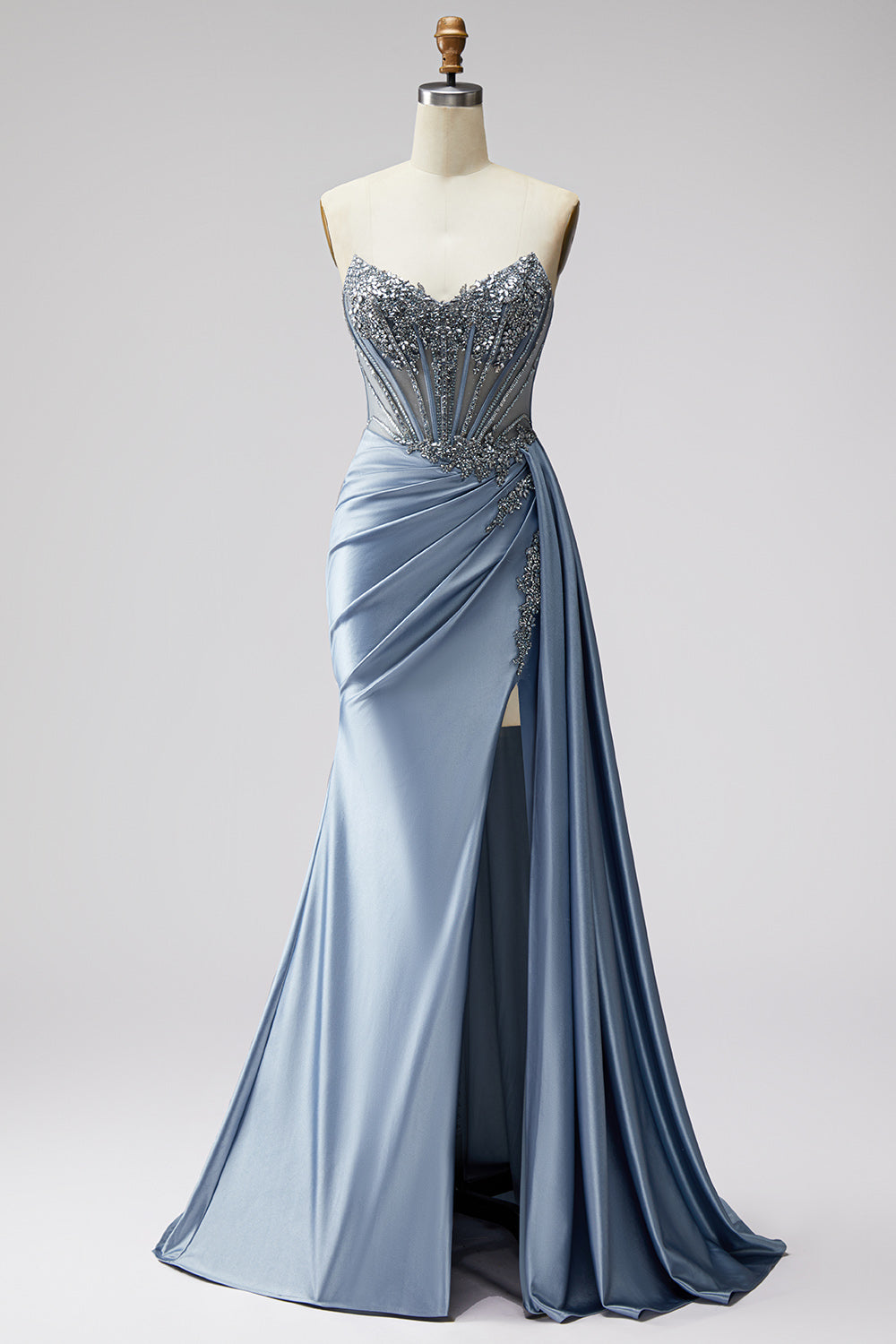 Sparkly Long Sweetheart Blue Beaded Satin Mermaid Prom Dress with Side Cape