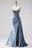 Sparkly Long Sweetheart Blue Beaded Satin Mermaid Prom Dress with Side Cape