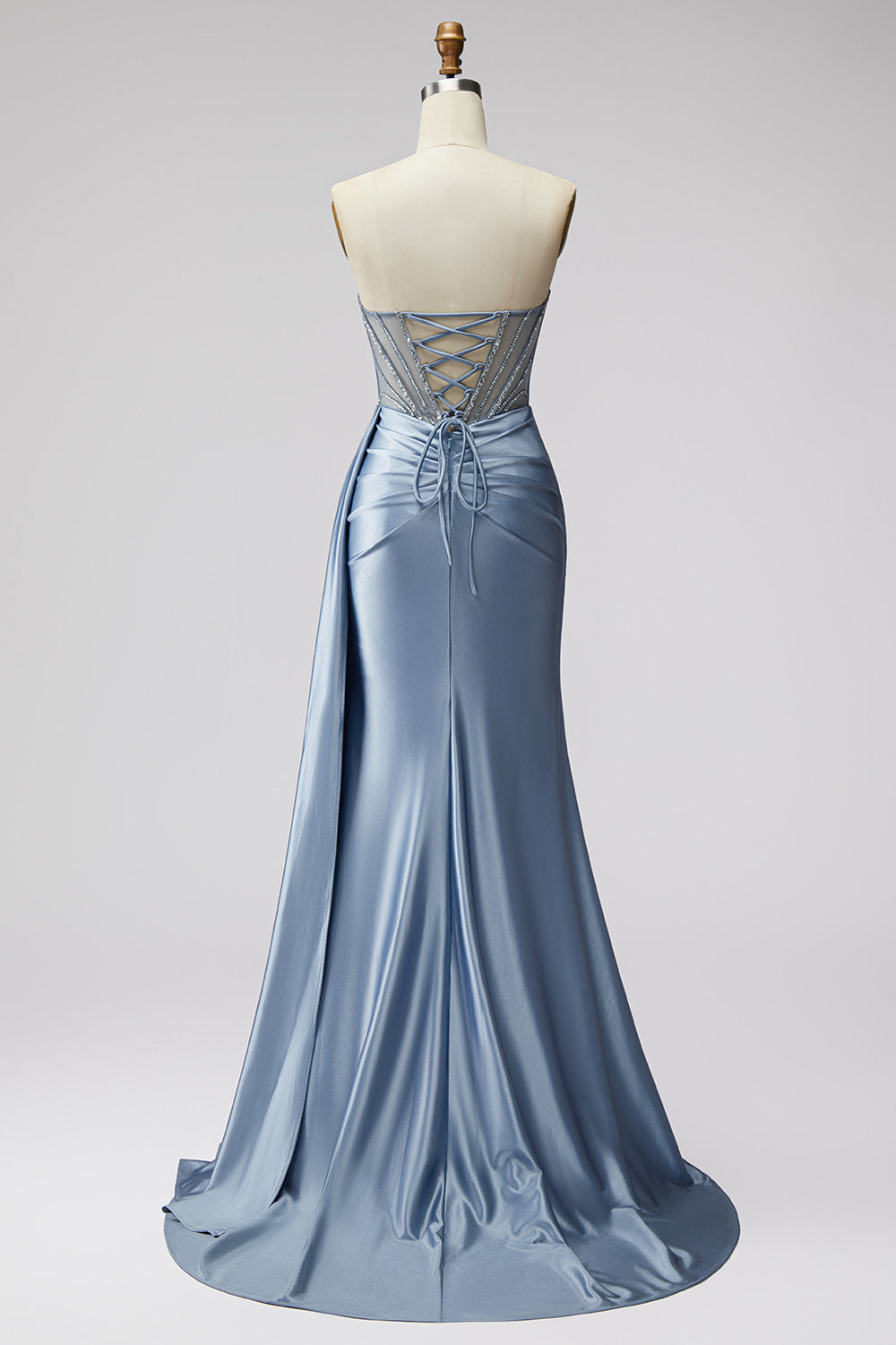 Sparkly Long Sweetheart Blue Beaded Satin Mermaid Prom Dress with Side Cape