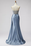 Sparkly Long Sweetheart Blue Beaded Satin Mermaid Prom Dress with Side Cape