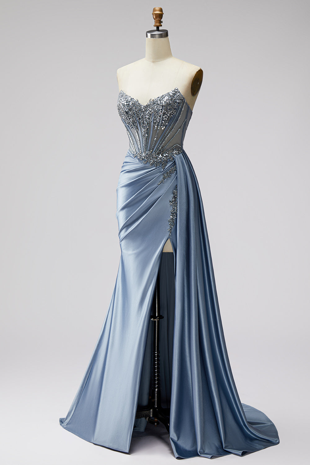 Sparkly Long Sweetheart Blue Beaded Satin Mermaid Prom Dress with Side Cape