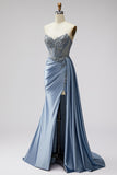 Sparkly Long Sweetheart Blue Beaded Satin Mermaid Prom Dress with Side Cape