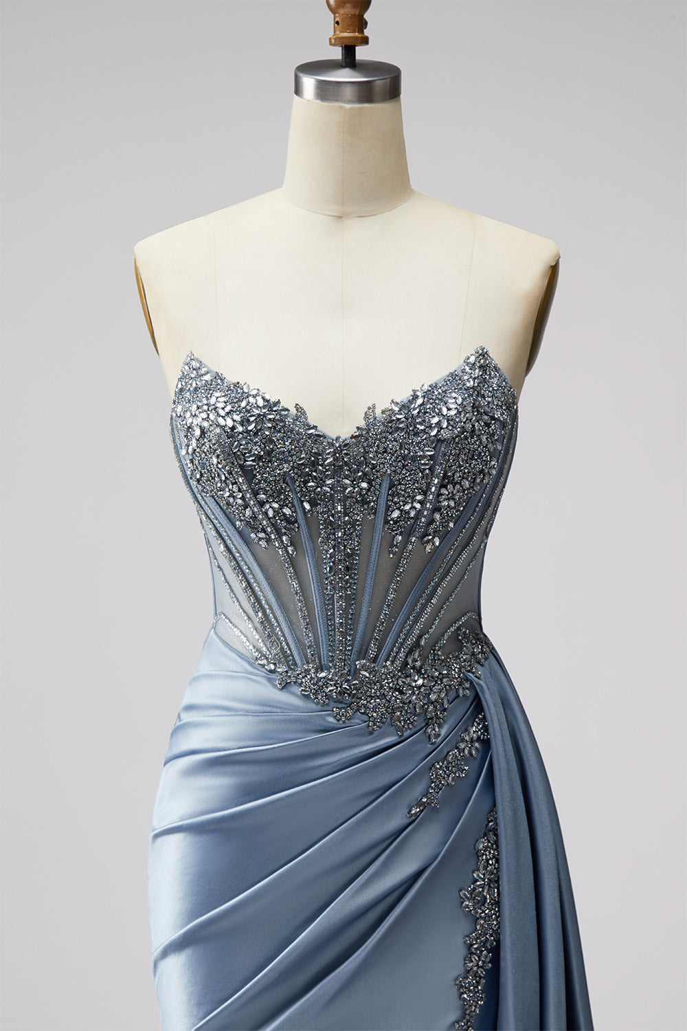 Sparkly Long Sweetheart Blue Beaded Satin Mermaid Prom Dress with Side Cape