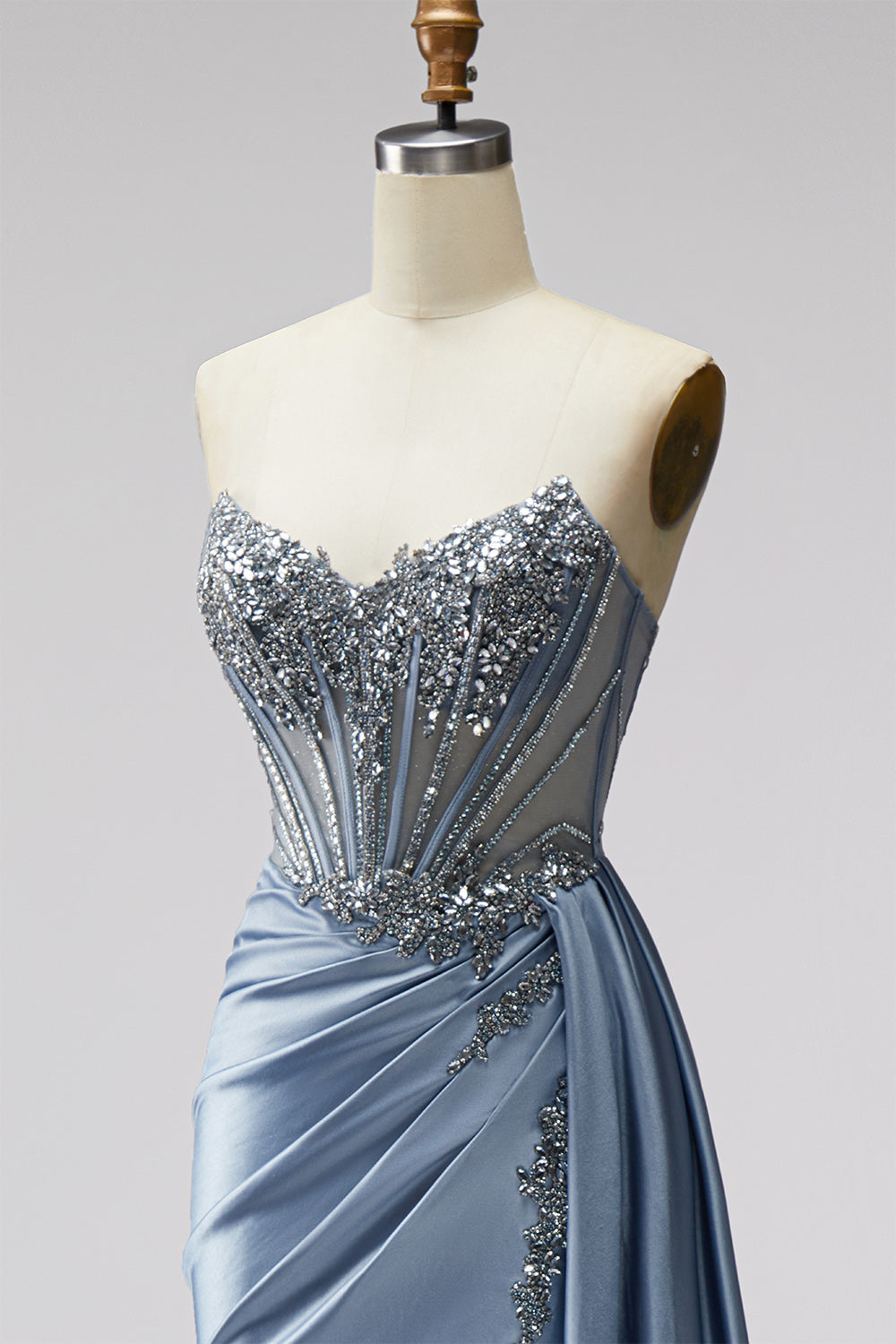 Sparkly Long Sweetheart Blue Beaded Satin Mermaid Prom Dress with Side Cape