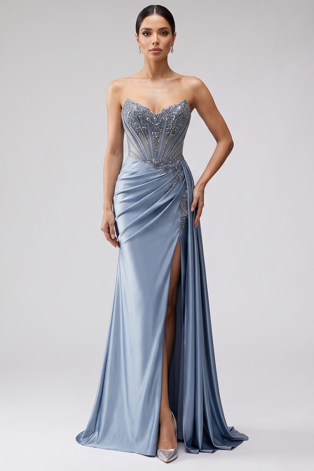 Sparkly Long Sweetheart Blue Beaded Satin Mermaid Prom Dress with Side Cape