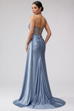 Sparkly Long Sweetheart Blue Beaded Satin Mermaid Prom Dress with Side Cape
