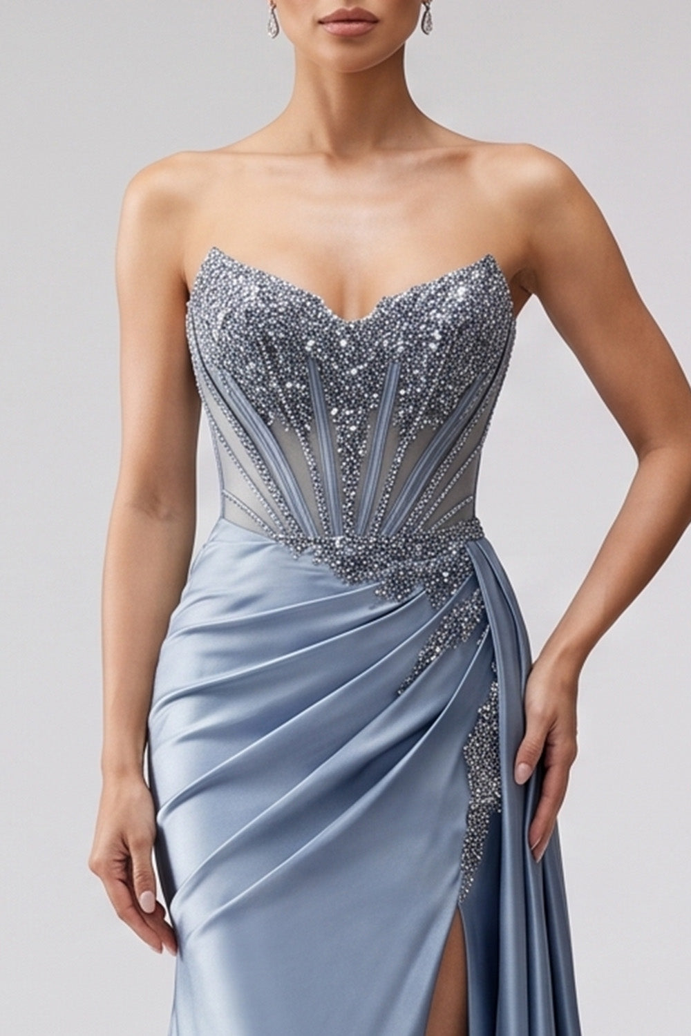 Sparkly Long Sweetheart Blue Beaded Satin Mermaid Prom Dress with Side Cape
