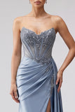 Sparkly Long Sweetheart Blue Beaded Satin Mermaid Prom Dress with Side Cape