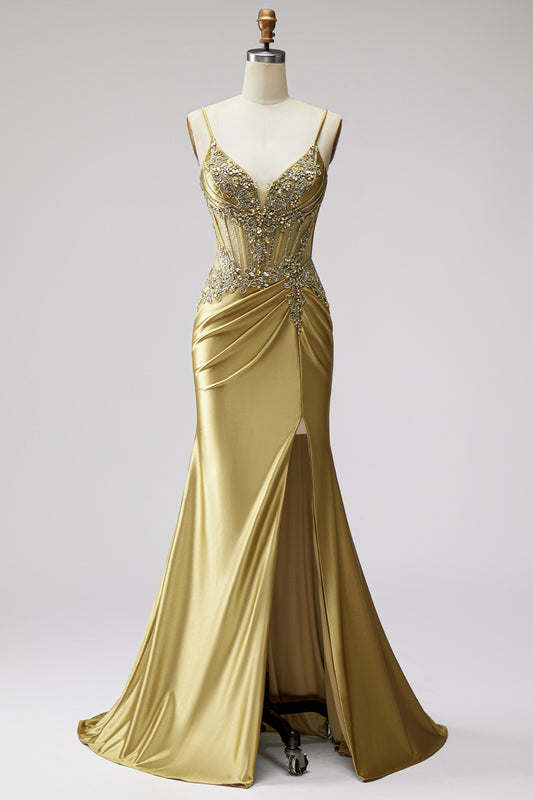 Golden Satin Corset Mermaid Beaded Ruched Long Prom Dress with Slit