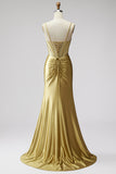 Golden Satin Corset Mermaid Beaded Ruched Long Prom Dress with Slit