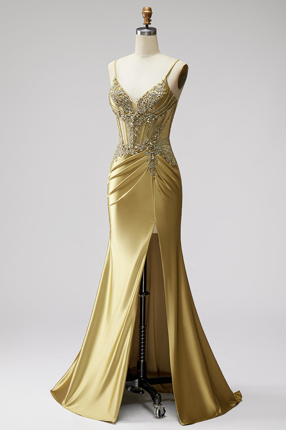 Golden Satin Corset Mermaid Beaded Ruched Long Prom Dress with Slit