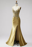 Golden Satin Corset Mermaid Beaded Ruched Long Prom Dress with Slit