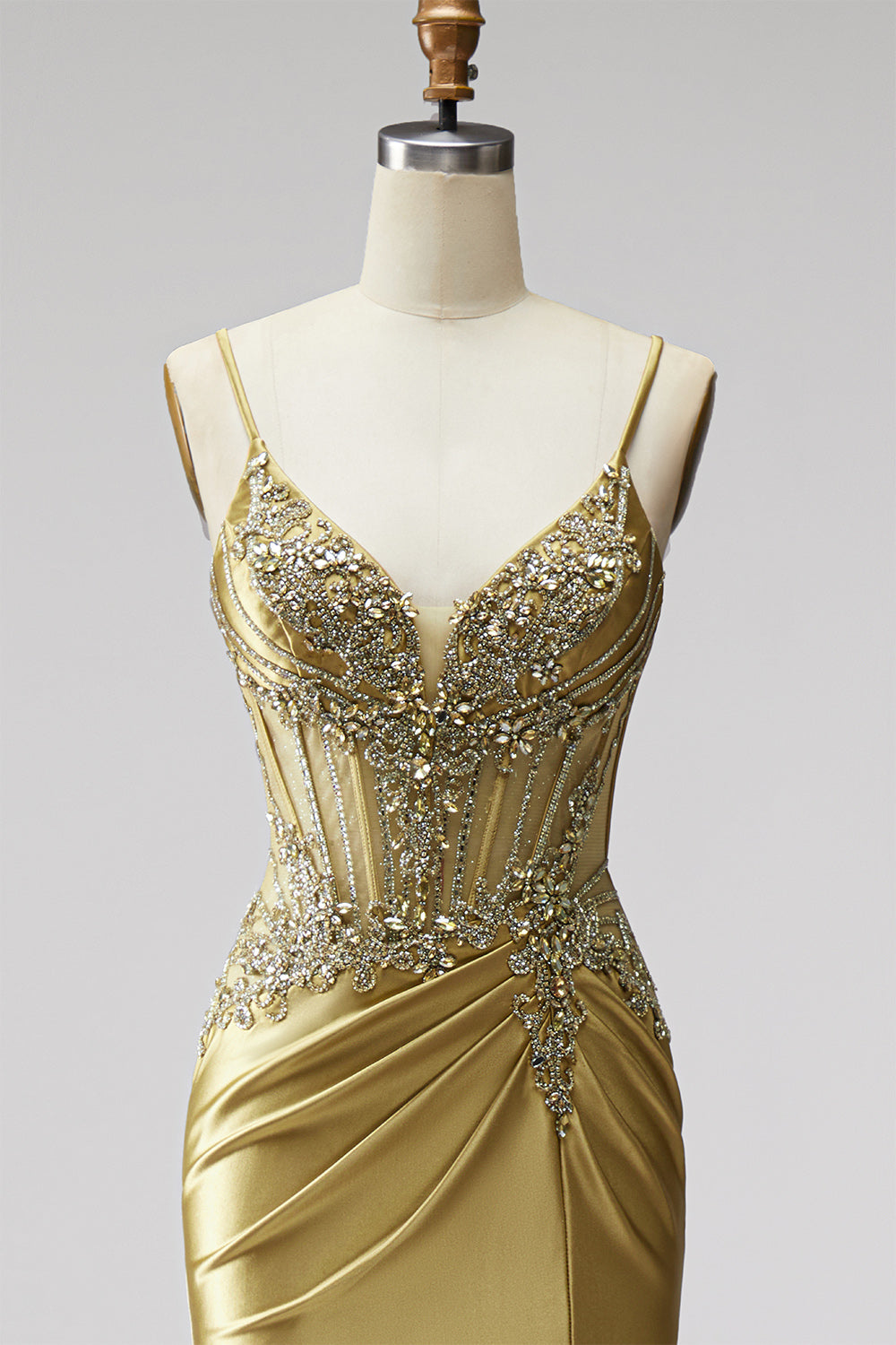 Golden Satin Corset Mermaid Beaded Ruched Long Prom Dress with Slit