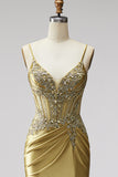 Golden Satin Corset Mermaid Beaded Ruched Long Prom Dress with Slit