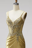 Golden Satin Corset Mermaid Beaded Ruched Long Prom Dress with Slit
