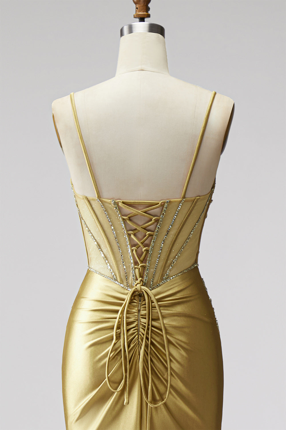 Golden Satin Corset Mermaid Beaded Ruched Long Prom Dress with Slit