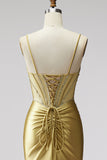 Golden Satin Corset Mermaid Beaded Ruched Long Prom Dress with Slit