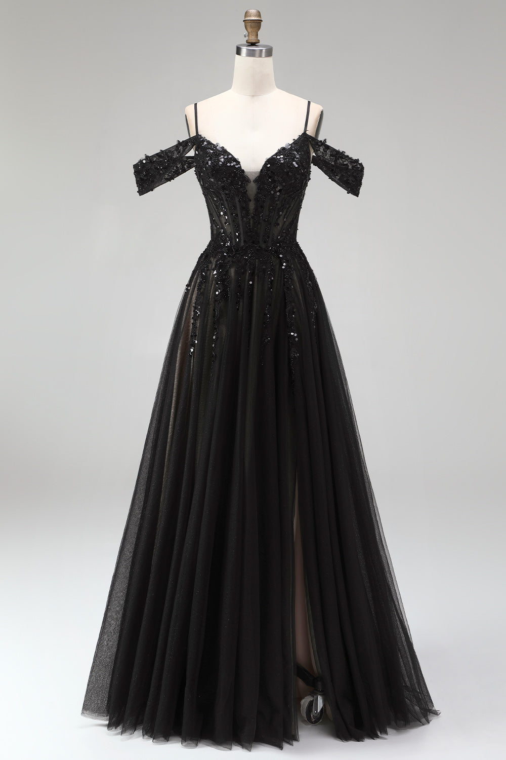 Sparkly Black Corset Sequins Cold Shoulder Beaded A Line Long Prom Dress with Slit