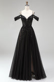 Sparkly Black Corset Sequins Cold Shoulder Beaded A Line Long Prom Dress with Slit