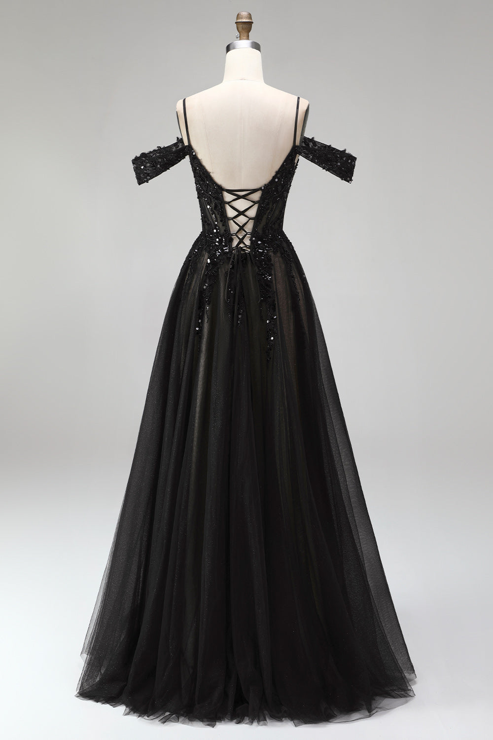 Sparkly Black Corset Sequins Cold Shoulder Beaded A Line Long Prom Dress with Slit