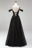 Sparkly Black Corset Sequins Cold Shoulder Beaded A Line Long Prom Dress with Slit