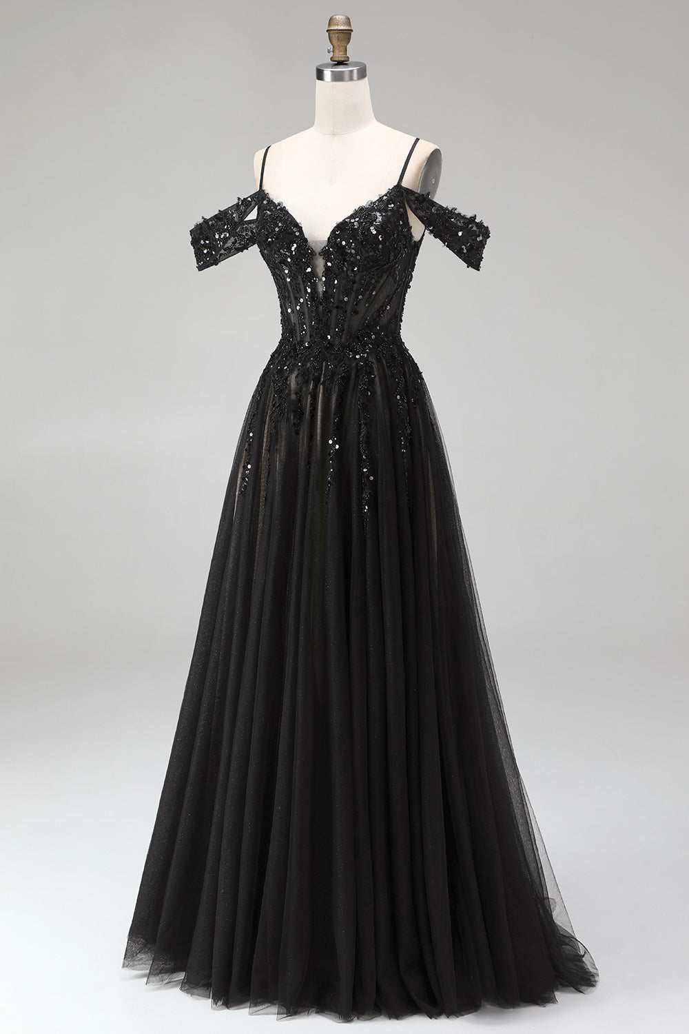 Sparkly Black Corset Sequins Cold Shoulder Beaded A Line Long Prom Dress with Slit