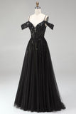 Sparkly Black Corset Sequins Cold Shoulder Beaded A Line Long Prom Dress with Slit