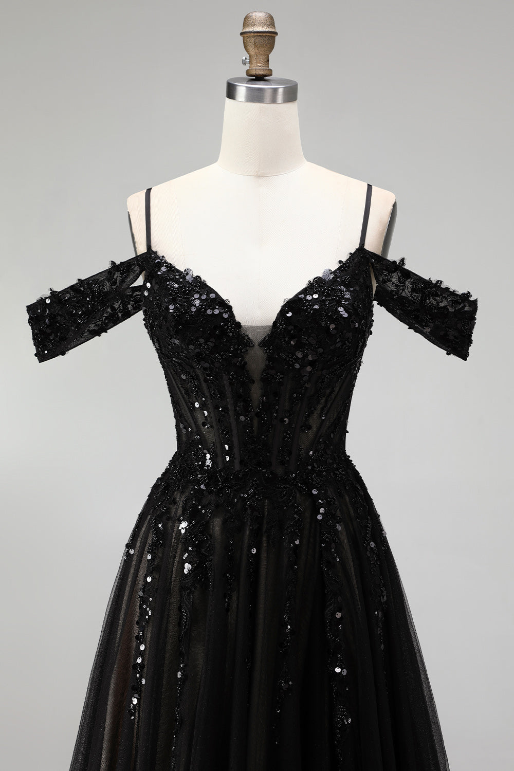 Sparkly Black Corset Sequins Cold Shoulder Beaded A Line Long Prom Dress with Slit