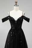 Sparkly Black Corset Sequins Cold Shoulder Beaded A Line Long Prom Dress with Slit