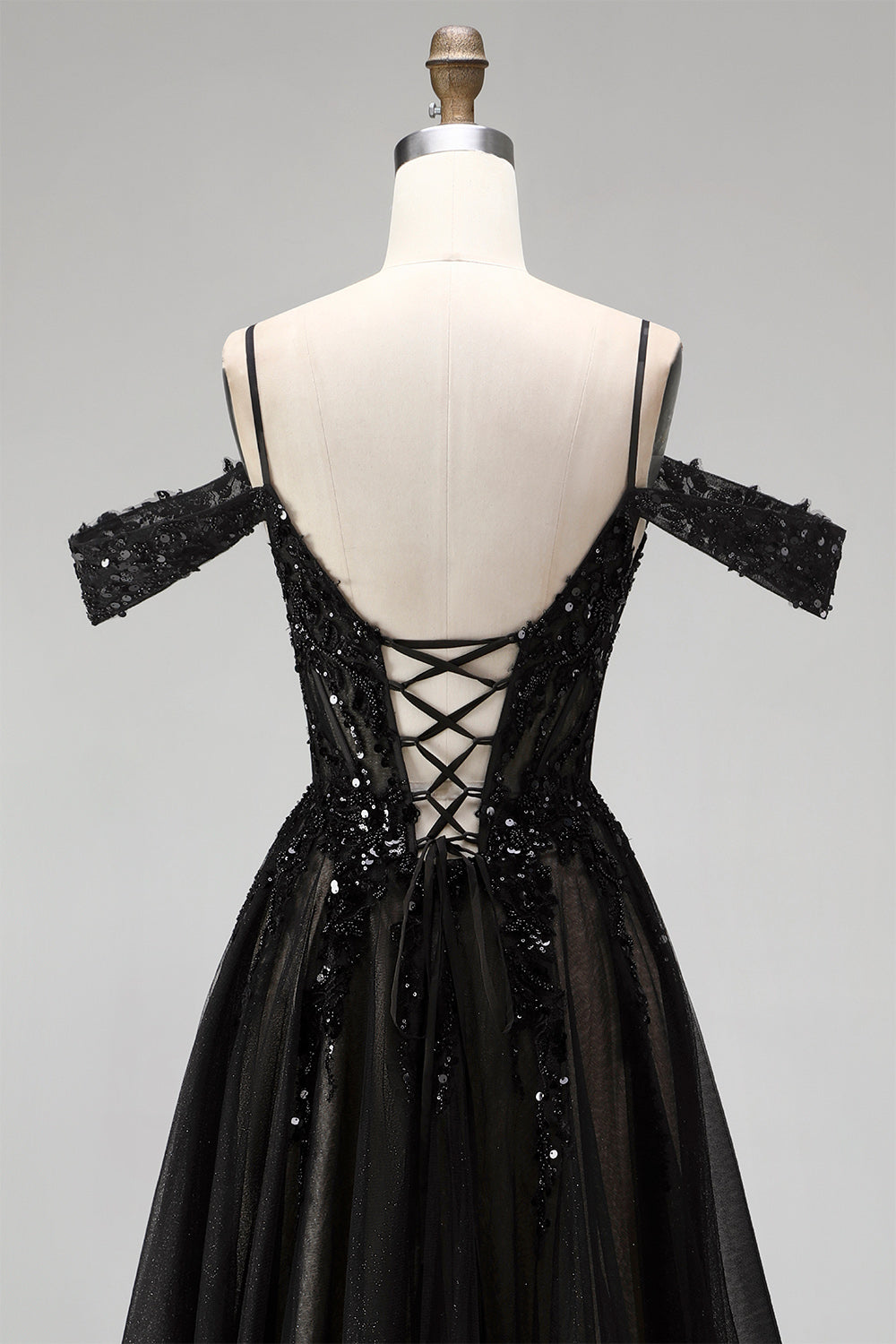 Sparkly Black Corset Sequins Cold Shoulder Beaded A Line Long Prom Dress with Slit