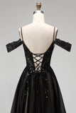 Sparkly Black Corset Sequins Cold Shoulder Beaded A Line Long Prom Dress with Slit