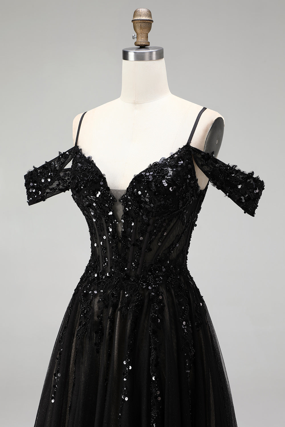 Sparkly Black Corset Sequins Cold Shoulder Beaded A Line Long Prom Dress with Slit