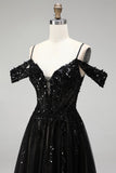 Sparkly Black Corset Sequins Cold Shoulder Beaded A Line Long Prom Dress with Slit
